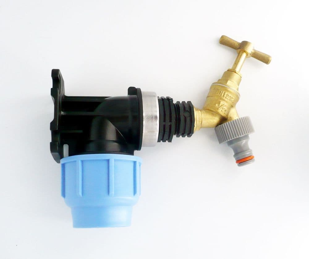 MDPE Compression Wall Plate Elbow 32mm to 1/2" Brass Bib Tap & Snap On