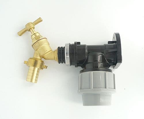 MDPE Compression Wall Plate Elbow (32mm) with 1/2" Brass Bib Tap & 3/4" Hose Tail