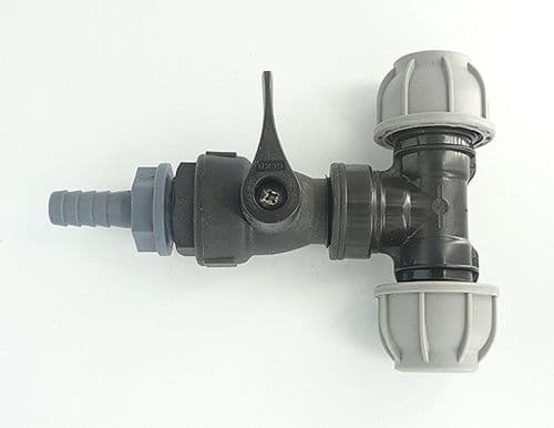 MDPE Pipe TEE Spur with valve. For adding a hose pipe take off to an MDPE pipe