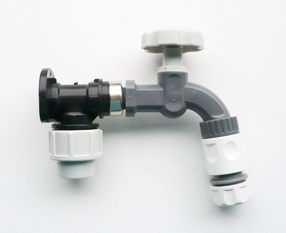 MDPE Wall Plate Elbow 20mm to Polypropylene Bib Tap & 1/2" SnapOn Fittings