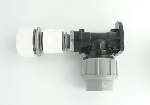 MDPE Wall Plate Elbow (32mm) with 1" Snap On connector & hose connector