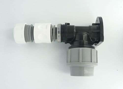 MDPE Wall Plate Elbow (32mm) with 3/4" Snap On connector & hose connector