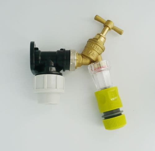 MDPE Wall Plate Elbow (20mm) with 1/2" Brass Tap, Fine Gauze Filter & Snap On
