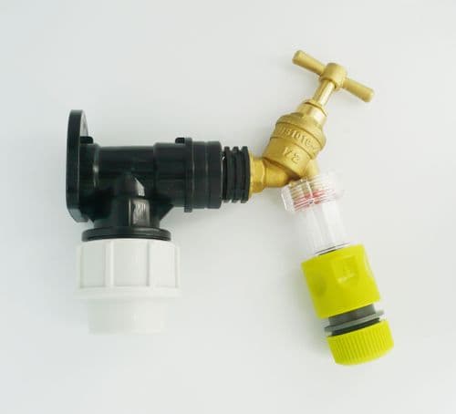 MDPE Wall Plate Elbow (25mm) with 1/2" Brass Tap, Fine Gauze Filter & Snap On