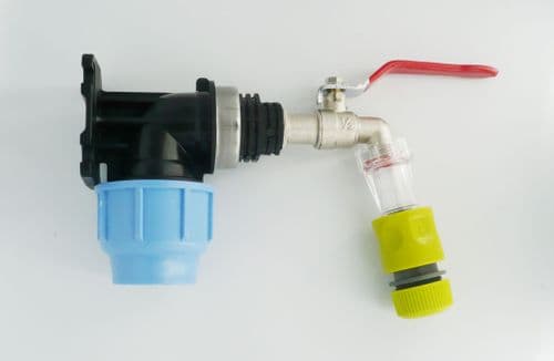 MDPE Wall Plate Elbow (32mm) with Brass Lever Tap, Fine Gauze Filter & Snap On