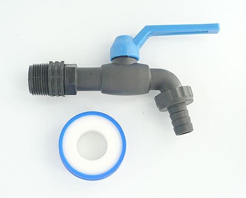 Nylon Lever Water Butt Tap to Polypropylene 3/4" BSP Male Thread with 1/2" Hose Tail.