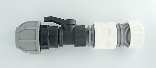PIPE JOINER. Joins MDPE/Alkathene Solid Pipe to Hose Pipe using a Snap On Connector + On / Off Valve