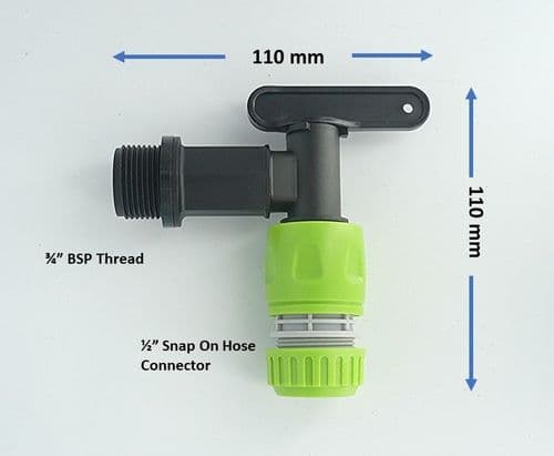 Polypropylene Water Butt Tap & 1/2" Snap On Hose Connector. 3/4" BSP Thread