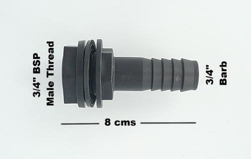 Tank/water tank outlet to 3/4" barbed hose tail, waterbutt overflow connector. SOLD AS A PACK OF 2