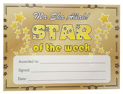 Islamic reward Certificates A5 size ( Masha-allah Star of the Week ) Colour NEW