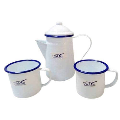 Enamel Coffee Set - Coffee Pot & 2 Mugs - Blue & White