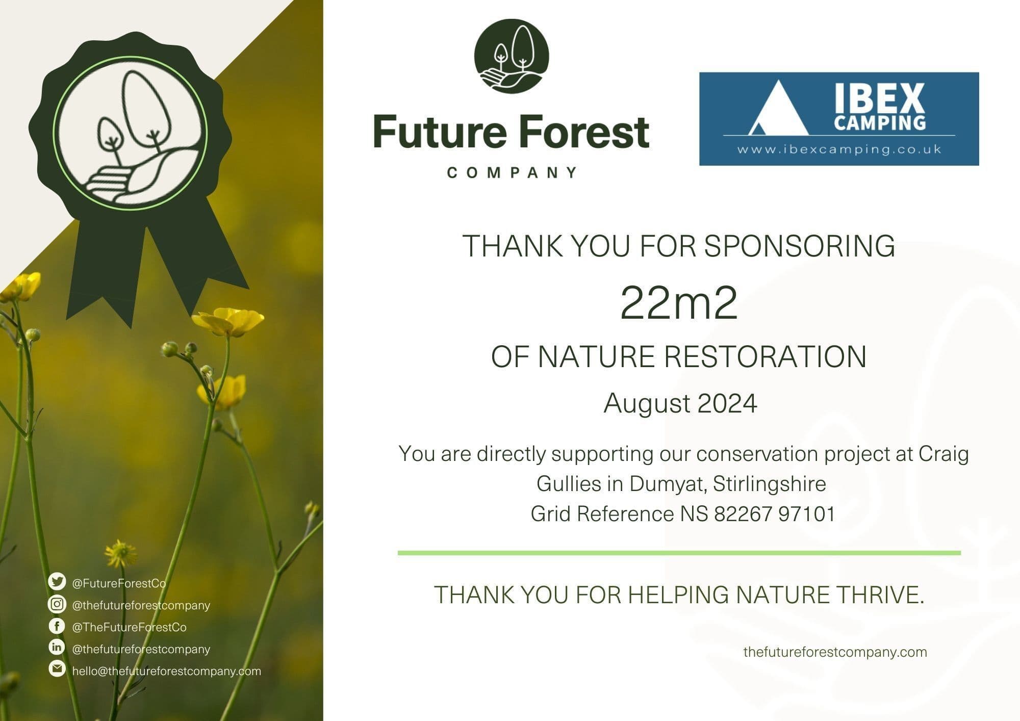 The Future Forest Company x IBEX camping August  2024 Biodiversity Certificate 