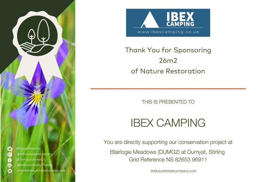 IBEX Camping x The Future Forest Company October - December 24 IBEX Camping x The Future Forest Company Nature Sponsorship Certificate October - December 2024