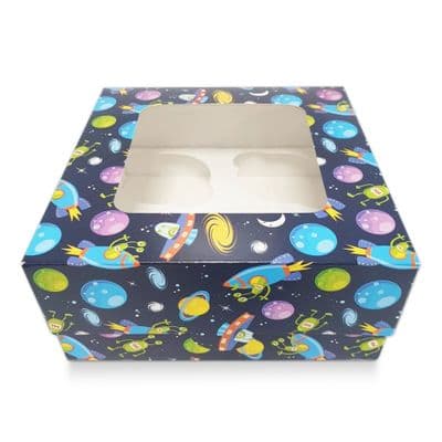 4 Cavity Cupcake/Muffin Box: Blue Space Ship Design 3