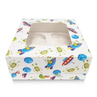 4 Cavity Cupcake/Muffin Box: White Space Ship Design 3
