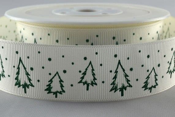 CR Ribbon Cream Grosgrain Ribbon with Green Christmas Trees 25mm