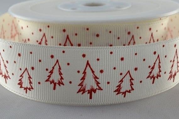 CR Ribbon Cream Grosgrain Ribbon with Red Christmas Trees 25mm