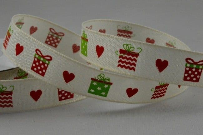 CR Ribbon Cream Ribbon with Presents & Hearts 15mm