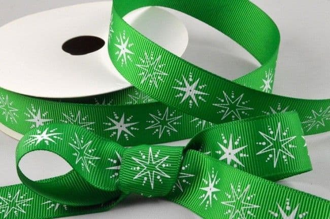CR Ribbon Green Grosgrain Ribbon with Snowflakes 22mm