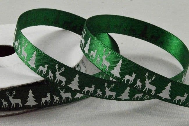 CR Ribbon Green Satin Ribbon with White Trees & Reindeer 10mm