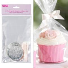 Culpitt Clear Cupcake Bags with Cream Ribbon Ties Round Silver Bases ...