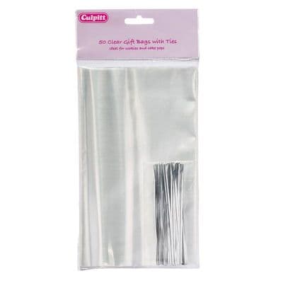 Culpitt pack of 50 Clear Favour Bags & Silver Ties:  200mm x 120mm (8