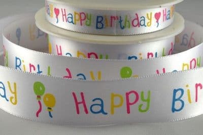 Happy Birthday Ribbon 15mm: White & Multi Coloured, with Balloons