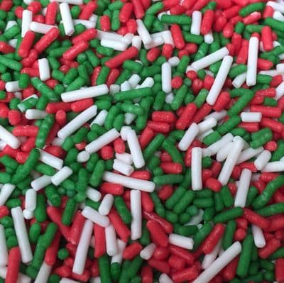Scrumptious Sugar Strands 80g: Red, Green & White Mix