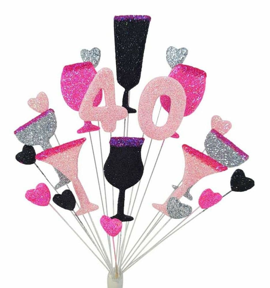 Cocktails 40th birthday cake topper decoration in pinks black and