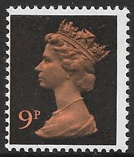 _X882y MISSING PHOSPHOR 9p Yellow_Orange & Black FCP-DEX (X Number Machin Stamps)