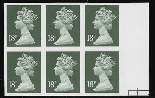 _X955 18p Deep Olive-grey imperforate right hand marginal block of 6  (X Number Machin Stamps)