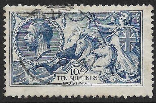 1915 SG411 10/- Blue Seahorse Stamp De La Rue Used (Stock SH0038)