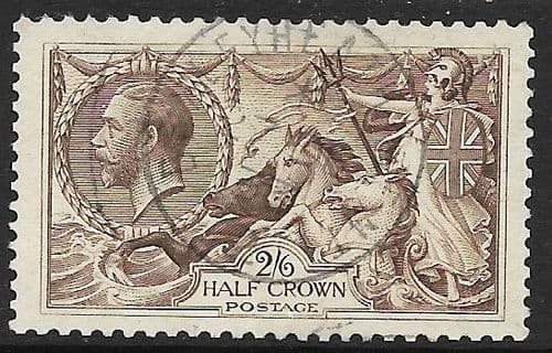 1918 SG413a 2/6d Olive Brown Seahorse Stamp Bradbury Very Fine Used (Stock SH0040)