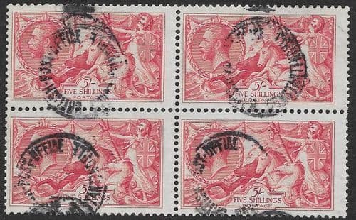 1918 SG416 5/- Rose Red Seahorse Stamp Bradbury Block of 4 Used (Stock SH0072)