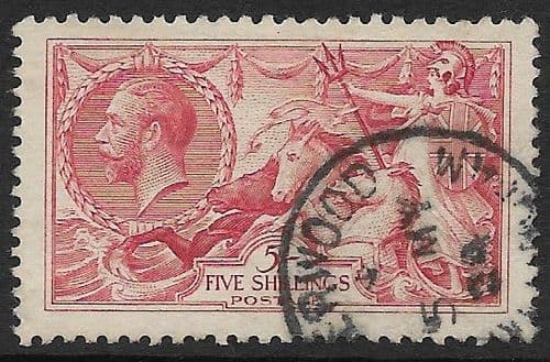 1918 SG416 5/- Rose Red Seahorse Stamp Bradbury Very Fine Used (Stock SH0037)