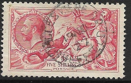 1918 SG416 5/- Rose Red Seahorse Stamp Bradbury Very Fine Used (Stock SH0042)