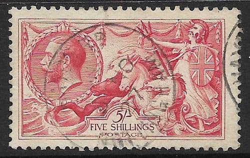 1918 SG416 5/- Rose Red Seahorse Stamp Bradbury Very Fine Used (Stock SH0043)