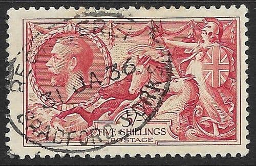 1934 SG451 5/- Rose Red Re-Engraved Seahorse Stamp Fine Used (Stock SH0024)