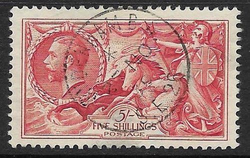 1934 SG451 5/- Rose Red Re-Engraved Seahorse Stamp Very Fine Used (Stock SH0049)