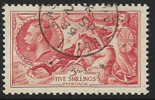 1934 SG451 5/- Rose Red Re-Engraved Seahorse Stamp Very Fine Used (Stock SH0079)