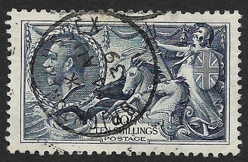 1934 SG452 10/- Dull-Grey Blue Re-Engraved Seahorse Stamp Very Fine Used (Stock SH0084)