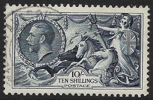 1934 SG452 10/- Dull-Grey Blue Re-Engraved Seahorse Stamp Very Fine Used (Stock SH0080)
