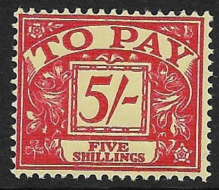 1959 D66 5/- Scarlet/Yellow  Multiple Crowns WMK  Postage Due  Unmounted Mint