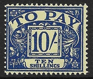 1959 D67 10/- Blue/Yellow Multiple Crowns WMK  Postage Due  Unmounted Mint
