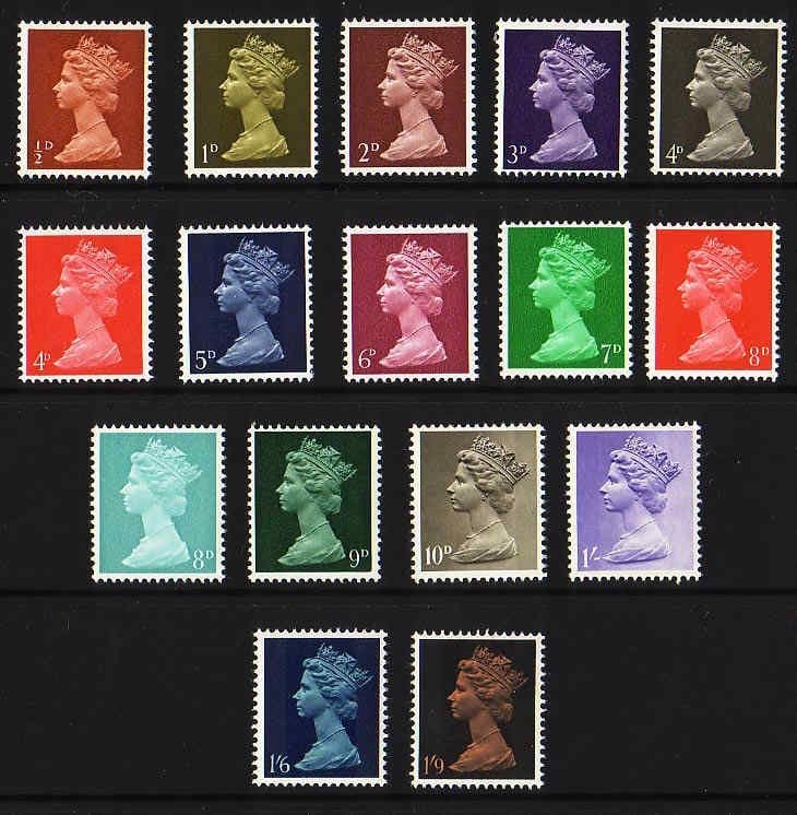 1967 QEII Pre Decimal Machin Basic Set of 16 Unmounted Mint