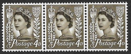 J12var  (XJ7b) Listed Neck Flaw 4d Olive Sepia in Positional Horizontal Strip (Centre Stamp)