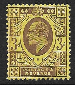 M20 (3) 3d Dull Reddish Purple / Yellow (Lemon Back) DLR Chalk Surfaced Paper (Edward VII) Unmounted