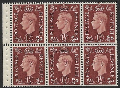 QB21 SG464c 1½d Red-Brown George VI Stamp Booklet Pane Perf P MOUNTED MINT (Stock P0017)
