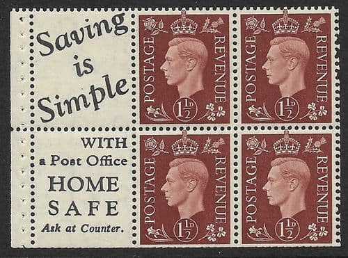 QB23 (10) SG464b 1½d Red-Brown George VI Stamp Booklet Pane Perf P MOUNTED MINT (Stock P0019)