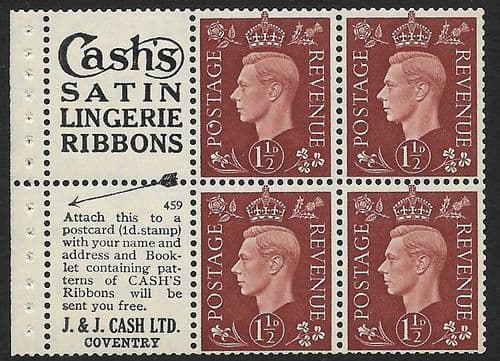 QB23 (5) SG464b 1½d Red-Brown George VI Stamp Booklet Pane Perf P Unmounted Mint (Stock P0049)